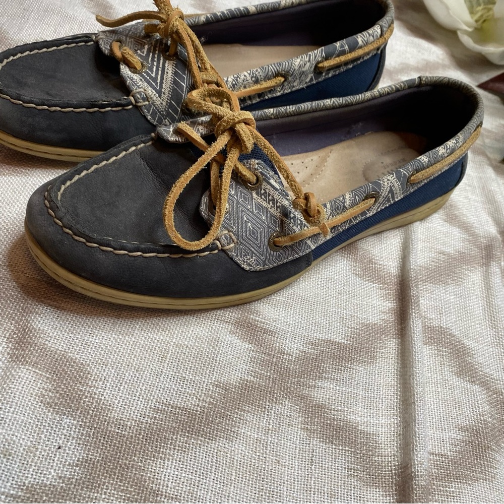 Sperry Navy Tribal Print Boat Shoes Leather Canvas Women’s 10 - Picture 4 of 11